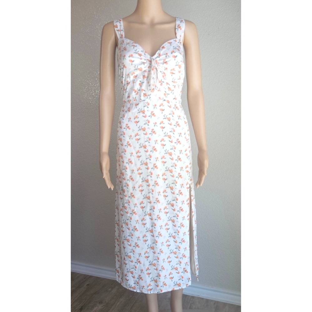 Abercrombie & Fitch Cream Cinch Front Peaches Midi Side Slit Dress Sz Large Tall